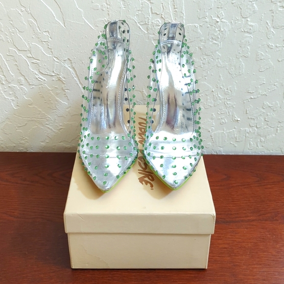 WORN ONCE Public Desire Green Diamante Studded Clear Pointed Toe Heels Size 8 - Picture 5 of 13